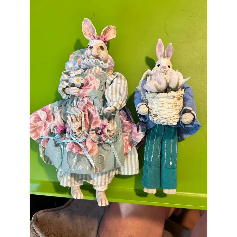 Vintage Easter Bunny Figurine Set Mother with Babies and Father with Basket 12in
